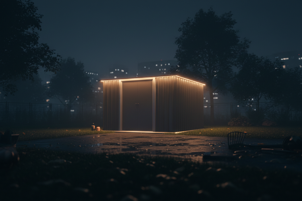 A cinematic night-time product photoshoot of a modern outdoor storage shed, matte dark graphite finish, placed in a quiet suburban backyard. The shed is softly illuminated by warm exterior LED lights, creating subtle reflections on the textured panels. Deep shadows, dramatic contrast, moody atmosphere. Wet ground with slight reflections, light mist in the air. Shot at eye level with a 35mm lens, shallow depth of field, professional commercial photography. Ultra-realistic materials, crisp edges, natural ligh