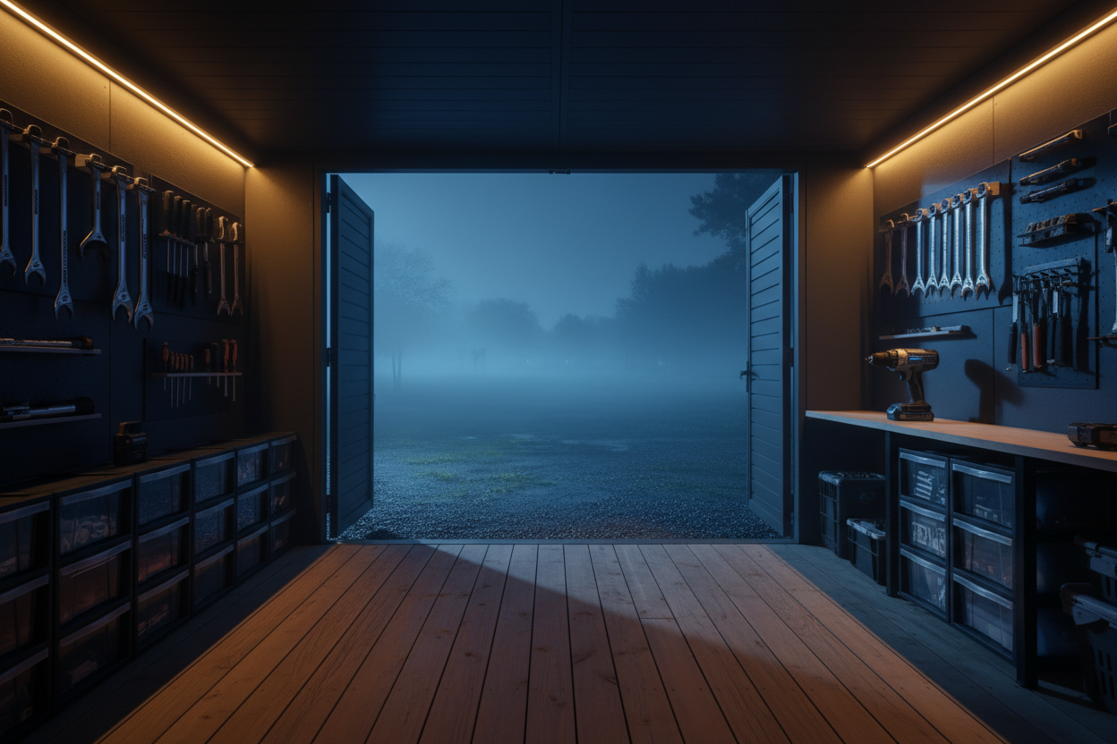 A cinematic night-time product photoshoot shot from inside an outdoor storage shed, looking outward through the open doors. Interior walls in dark graphite tone, clean and minimal, with organized tools and storage neatly placed along the sides. Soft warm LED strip lighting inside the shed contrasts with cool blue moonlight outside. Subtle fog and darkness beyond the doorway, creating depth and mood. Realistic shadows, dramatic contrast, premium commercial photography style. Shot with a 35mm lens, 