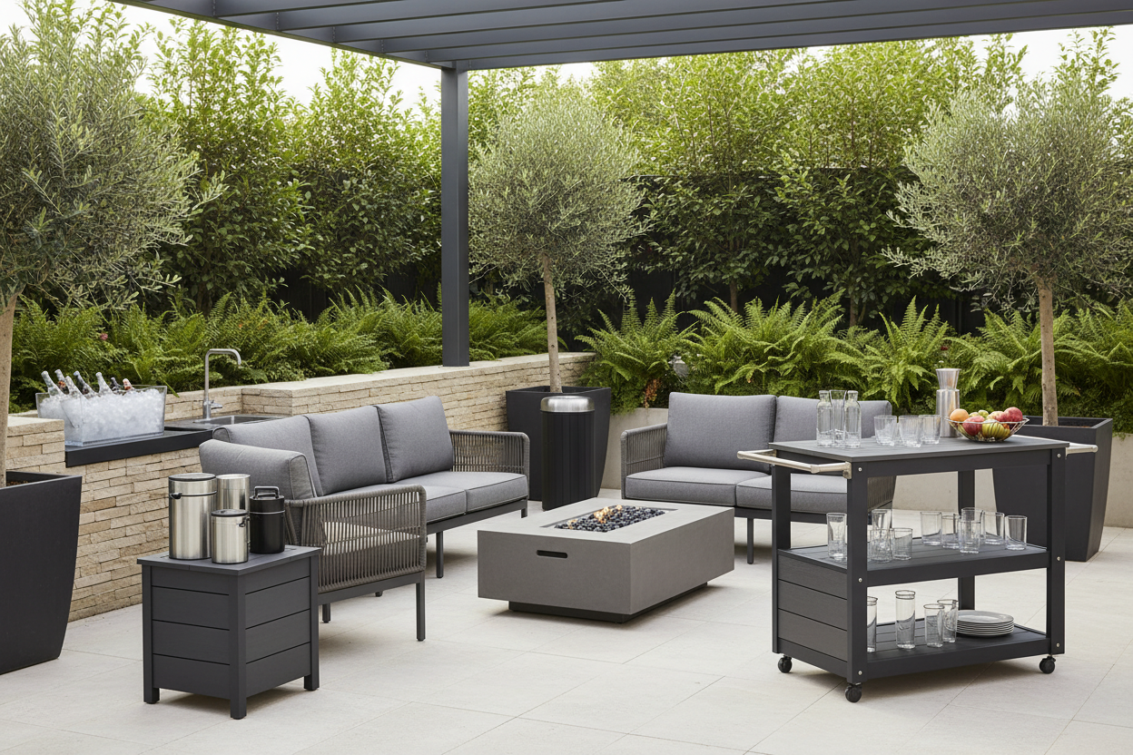 A high-end daylight lifestyle photoshoot of a modern outdoor entertainment setup in a stylish backyard patio. A graphite outdoor cooler side table, portable drink coolers, and sleek cool bars arranged naturally around a contemporary outdoor seating area. A Unity XL outdoor kitchen cart with storage positioned near the seating, styled with drinkware and accessories. A minimalist black outdoor trash can subtly placed in the background. Clean stone patio flooring, soft natural sunlight, balanced shadows, fresh