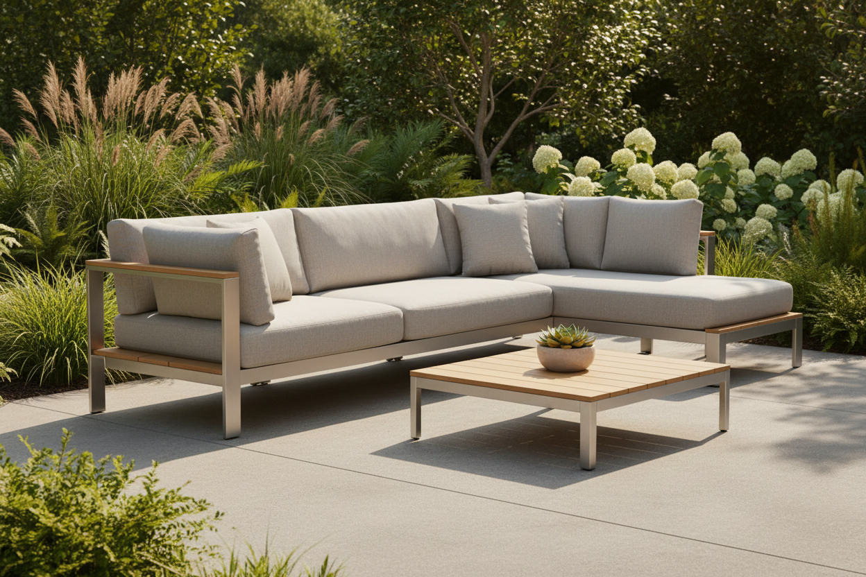 A professional daylight product photoshoot of a modern outdoor couch placed on a clean patio in a landscaped backyard. Neutral fabric cushions in beige or light gray, sturdy aluminum or wooden frame with natural texture. Soft natural sunlight, gentle shadows, balanced exposure. Minimalist styling with a small outdoor coffee table and subtle greenery in the background. Shot at eye level with a 35mm lens, shallow depth of field, premium commercial photography, ultra-realistic materials, natural color grading,